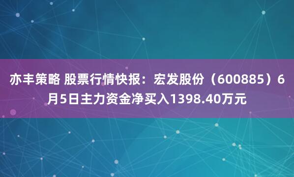 亦丰策略 股票行情快报：宏发股份（600885）6月5日主力资金净买入1398.40万元